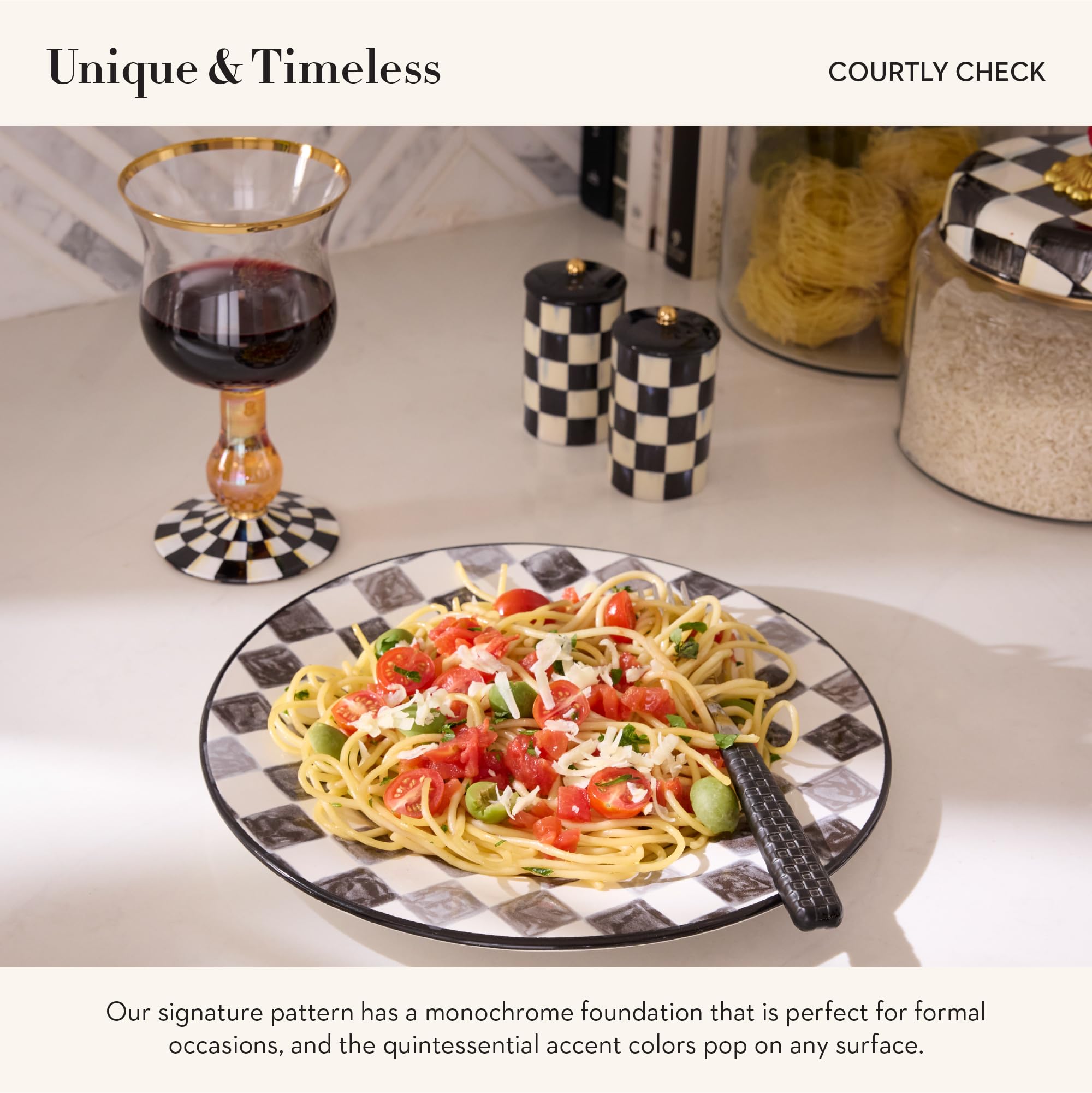 MacKenzie-Childs pepper shaker with gold luster ball adds a luxe touch.