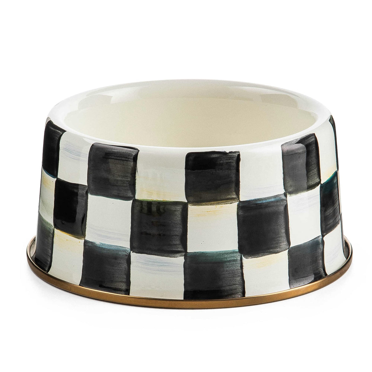 MacKenzie-Childs Courtly Check pet bowl combines durable enamel with chic styling.