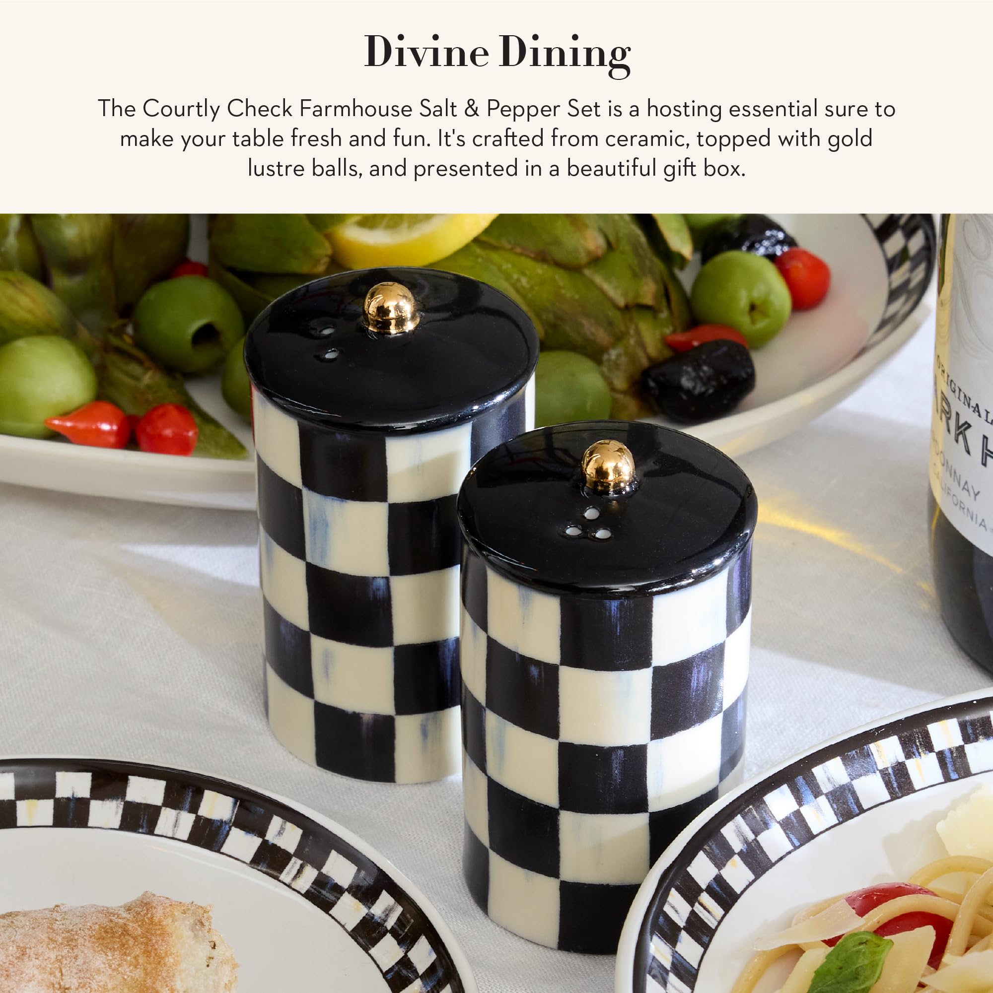 MacKenzie-Childs salt shaker in Courtly Check elevates kitchen decor and everyday meals.