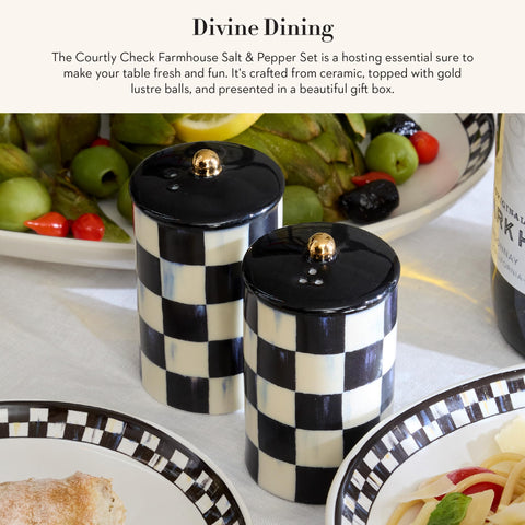 MacKenzie-Childs salt shaker in Courtly Check elevates kitchen decor and everyday meals.