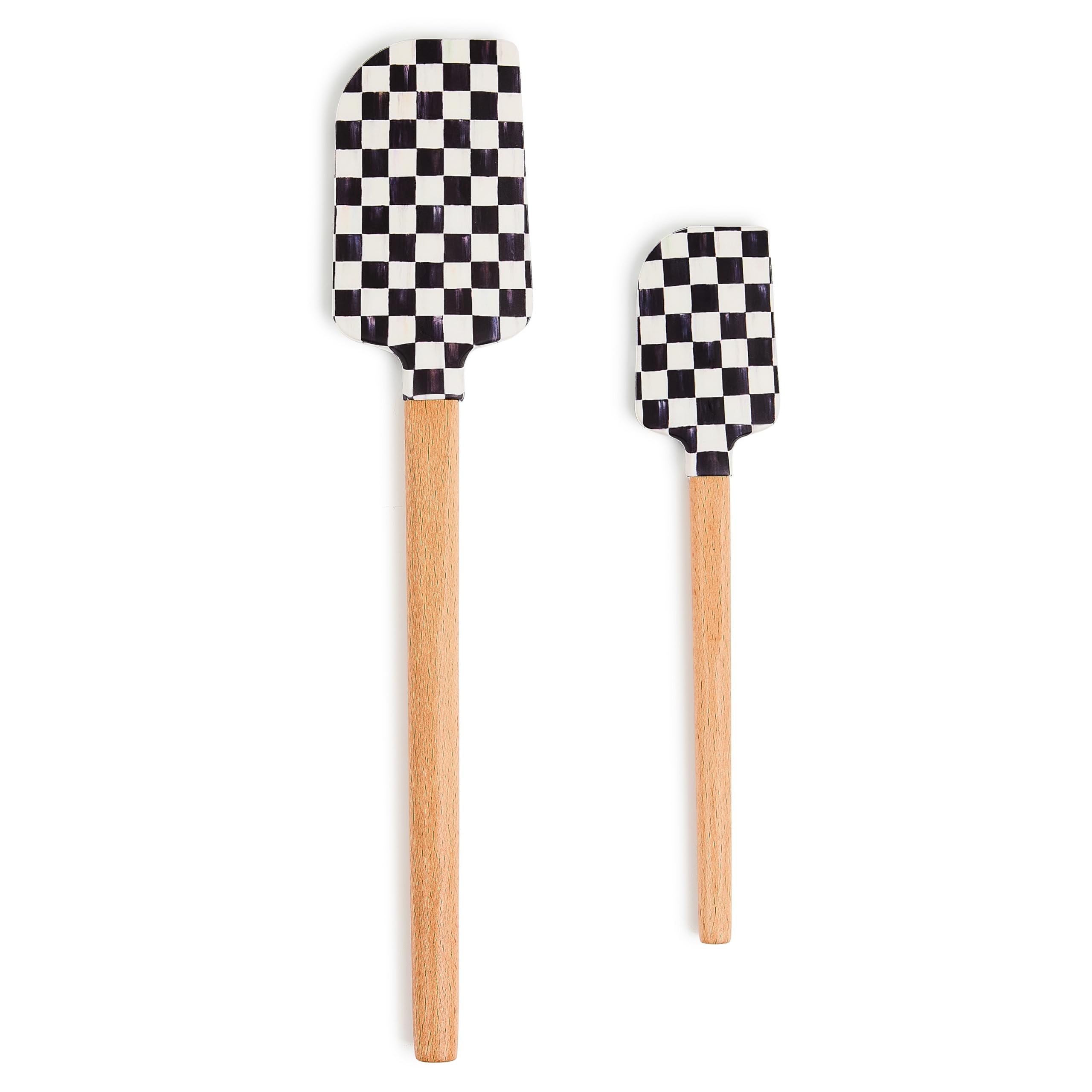 Mackenzie-Childs Courtly Check spatula set for baking and cooking with wood handles.