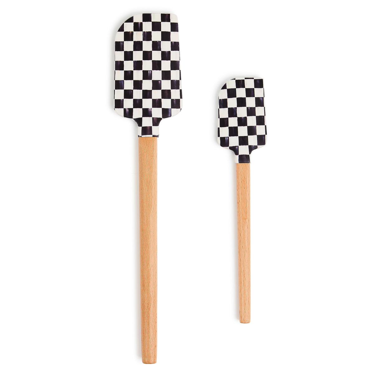 Mackenzie-Childs Courtly Check spatula set for baking and cooking with wood handles.