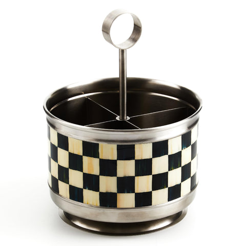 MacKenzie-Childs Courtly Check Supper Club flatware storage caddy keeps utensils neatly organized.
