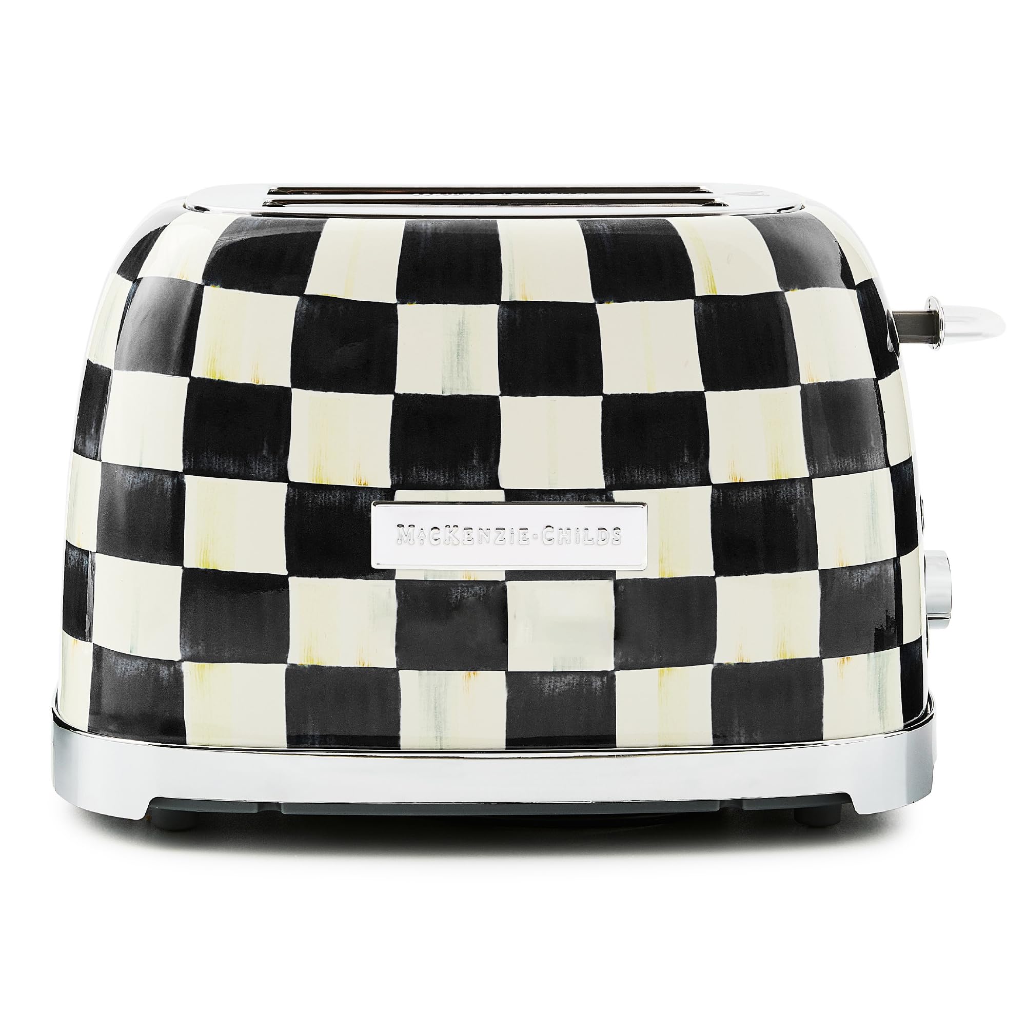 MACKENZIE-CHILDS Courtly Check toaster front view highlights stylish kitchen decor and even browning.