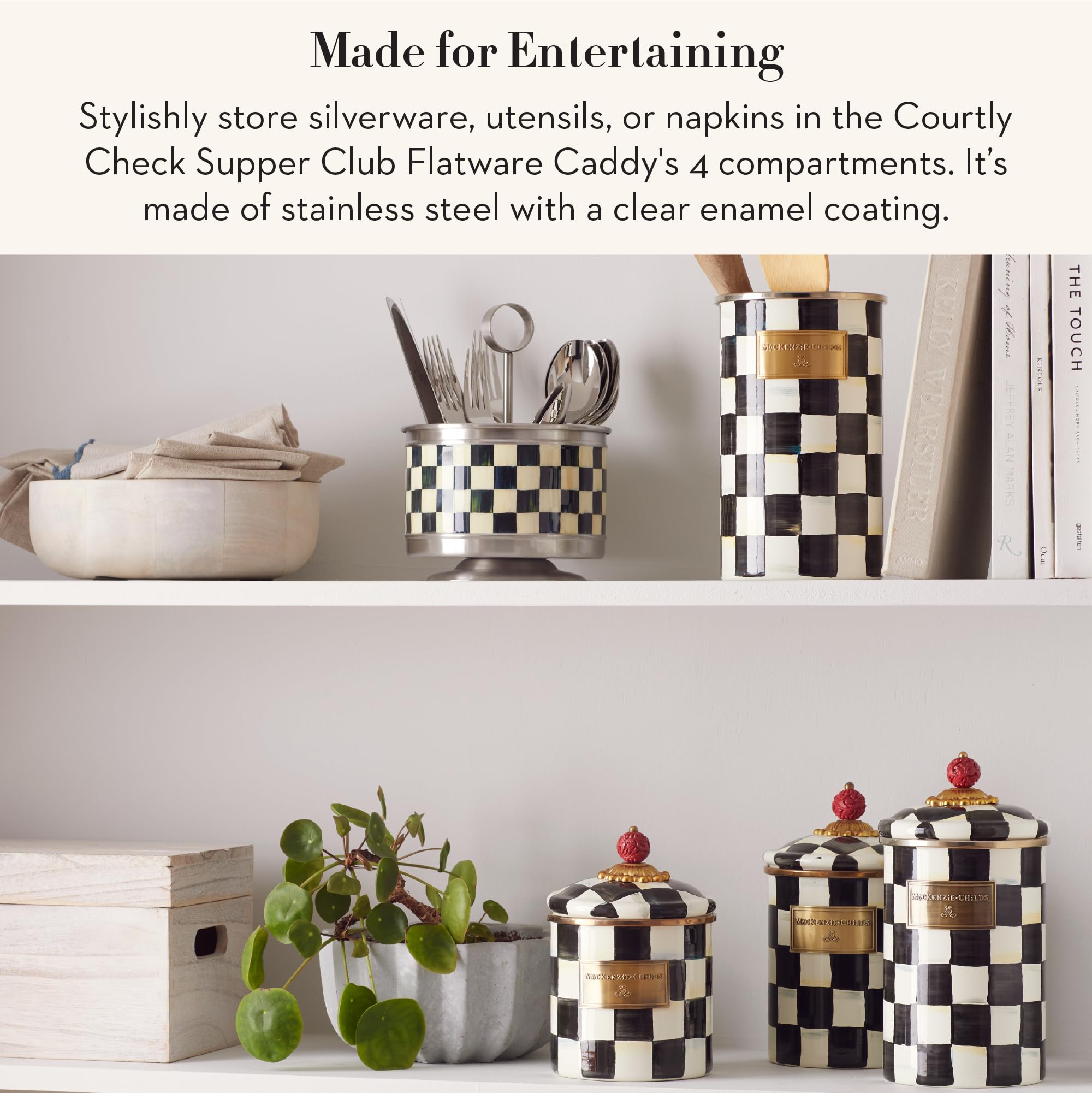 MacKenzie-Childs Courtly Check utensil holder for knives forks and spoons adds elegant organization.