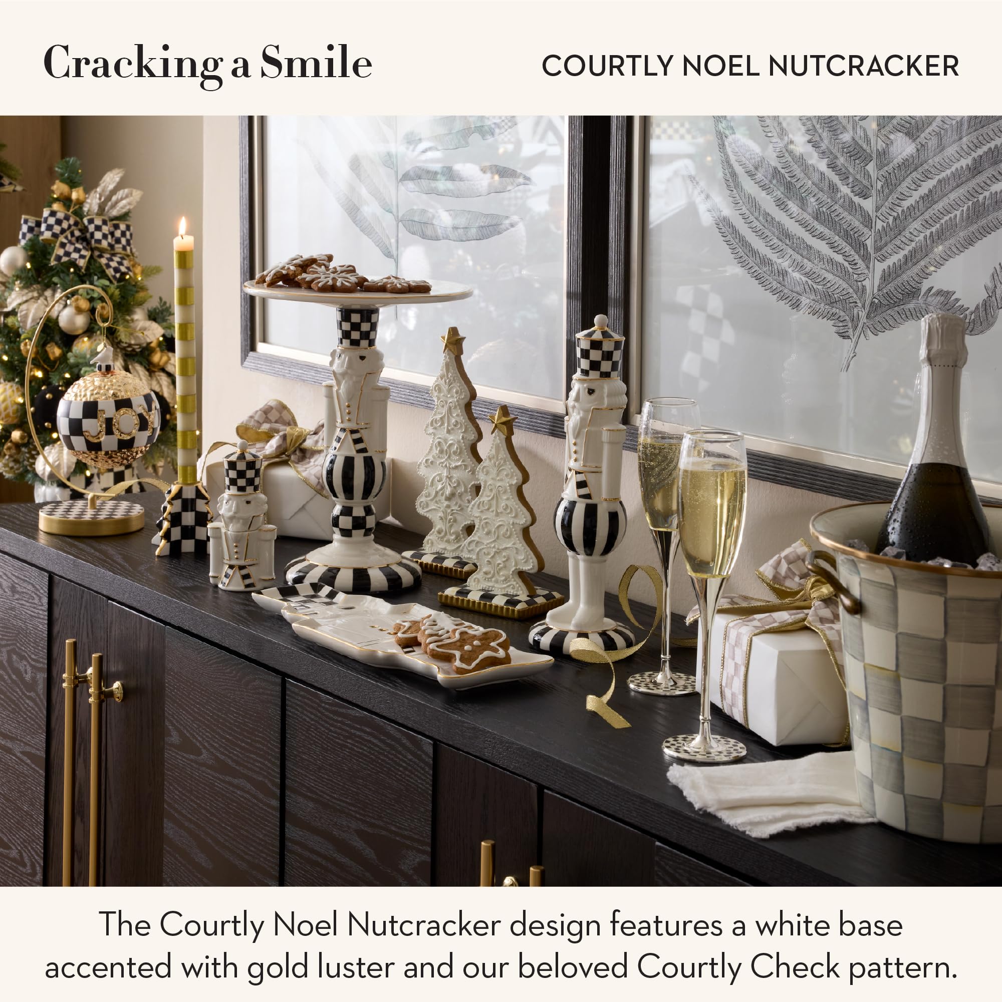 Courtly Noel Nutcracker decor from MacKenzie-Childs on a dining table