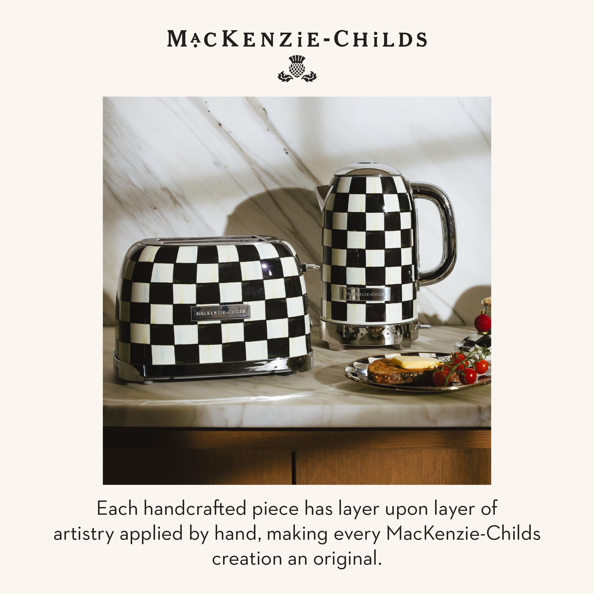 MacKenzie-Childs stainless-steel kettle enhancing everyday rituals at home.