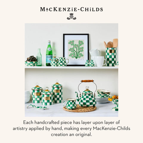 MacKenzie-Childs emerald check motif complements green-and-white kitchens with whimsy.