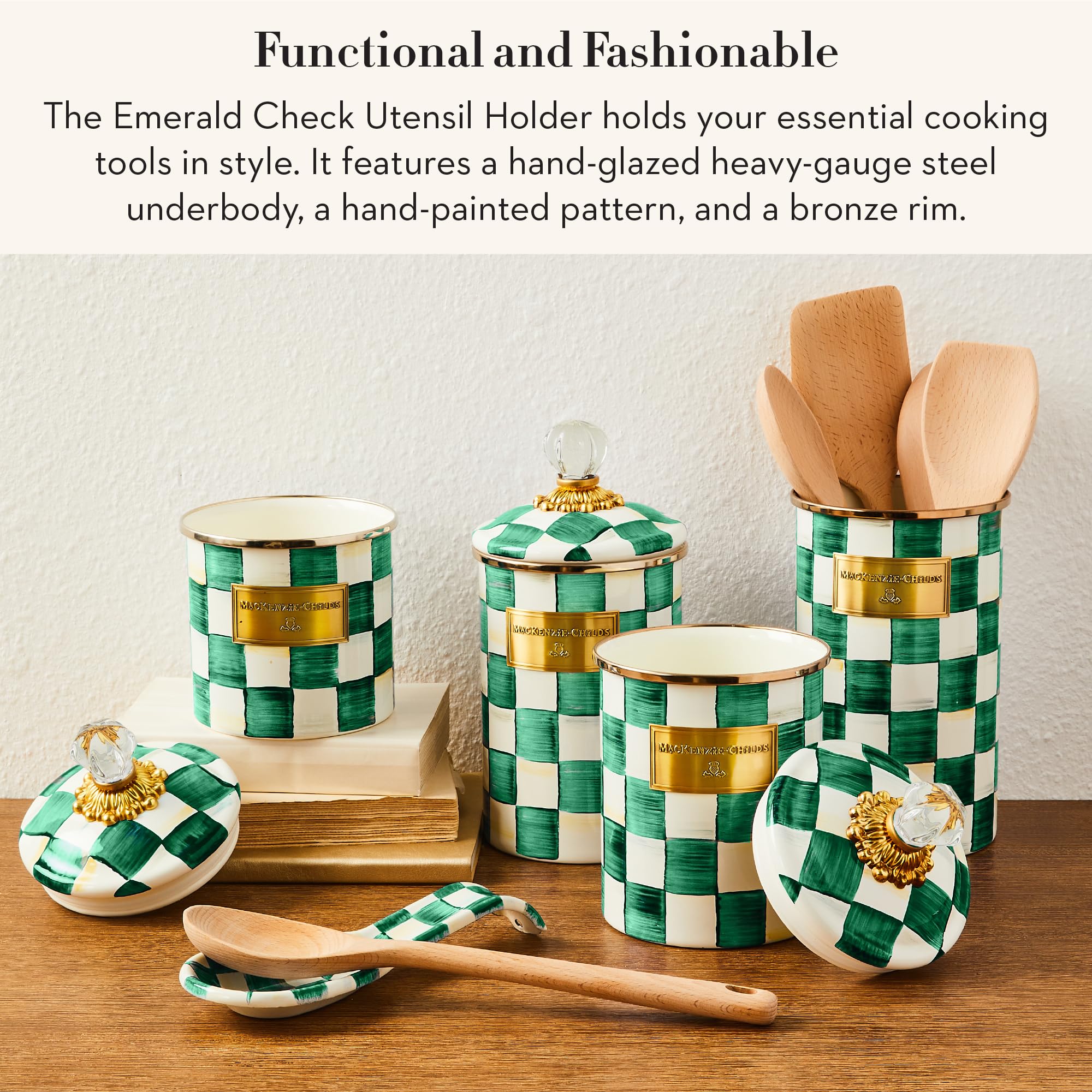 MACKENZIE-CHILDS enamel utensil holder featuring emerald check design for organized tools