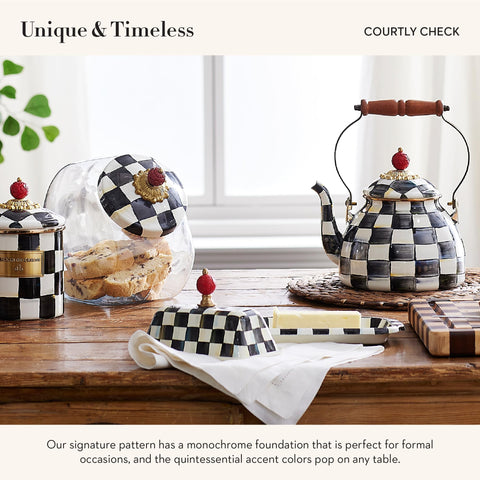 MacKenzie-Childs enamel butter box on the counter with a glossy finish.