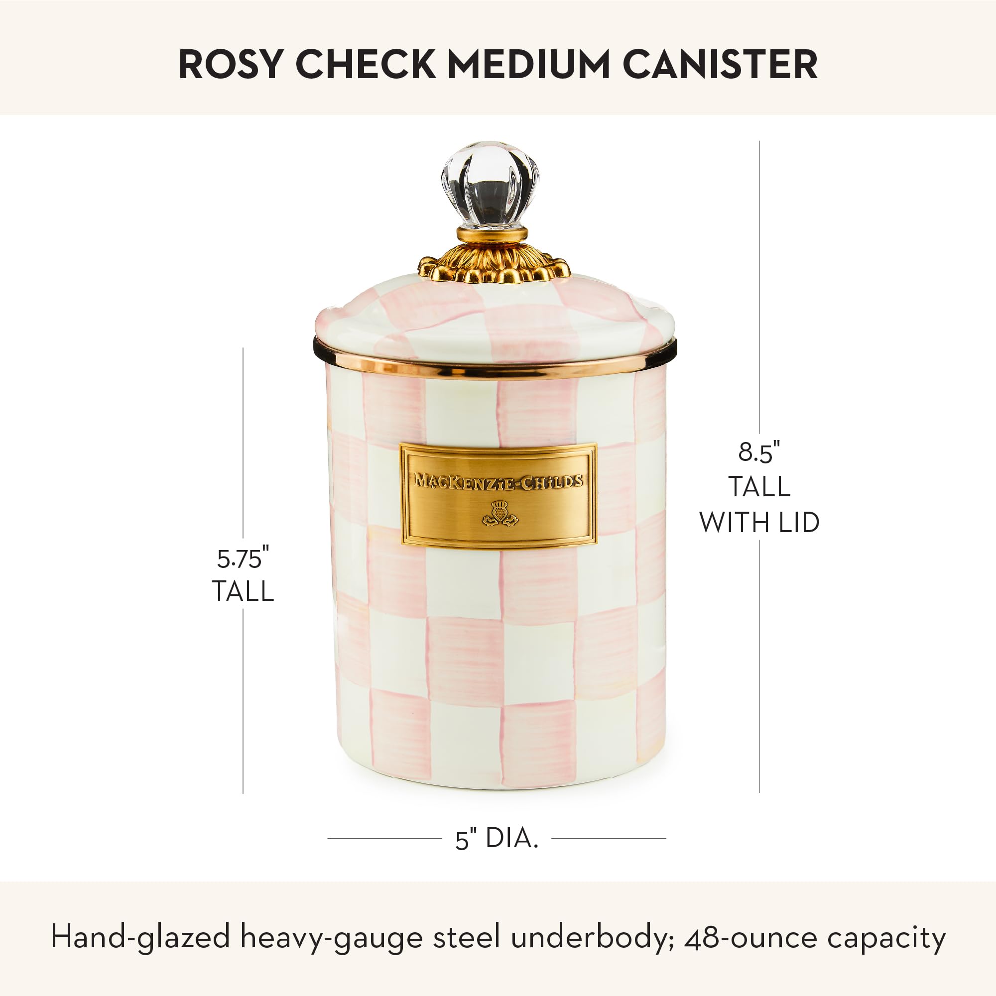 Mackenzie-Childs enamel canister shown in a kitchen storage setup on the counter.