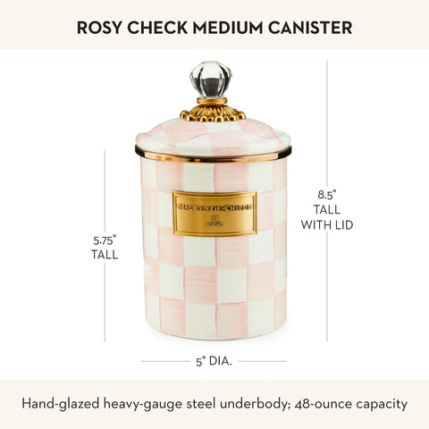 Mackenzie-Childs enamel canister shown in a kitchen storage setup on the counter.