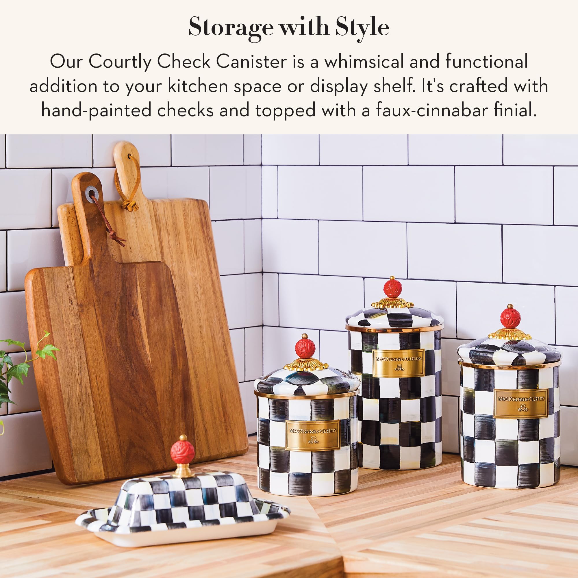 MacKenzie-Childs enamel canister with faux-cinnabar knob for easy access and décor.
