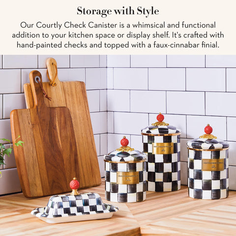 MacKenzie-Childs enamel canister with faux-cinnabar knob for easy access and décor.