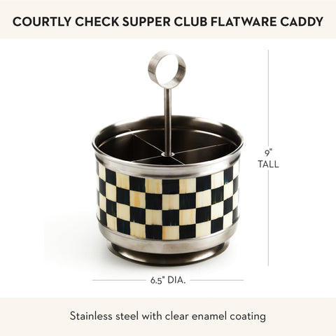 MacKenzie-Childs enamel-check napkin and utensil holder elevates table decor and storage.