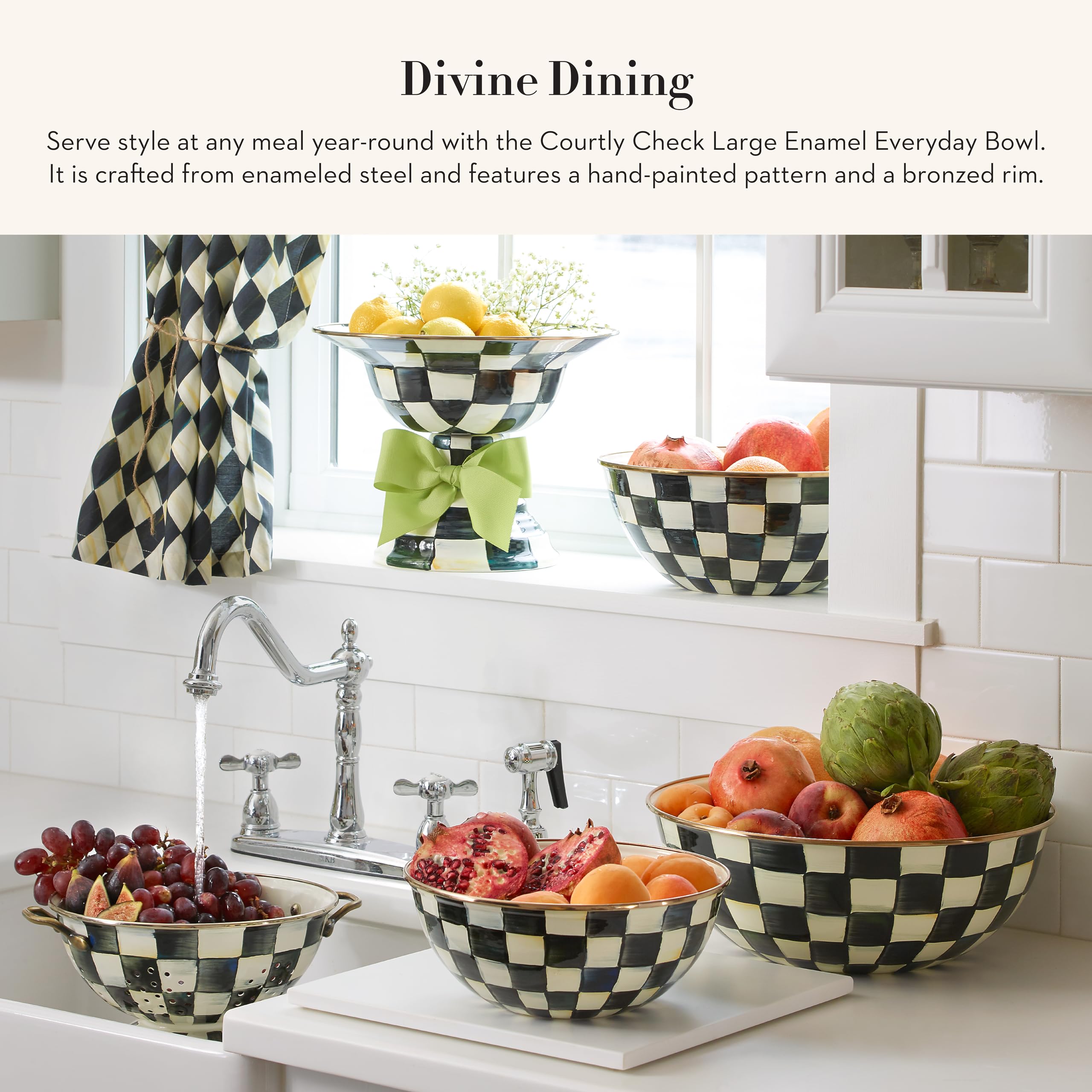 Mackenzie-Childs enamel everyday bowl close-up of bronzed rim and hand-painted checks