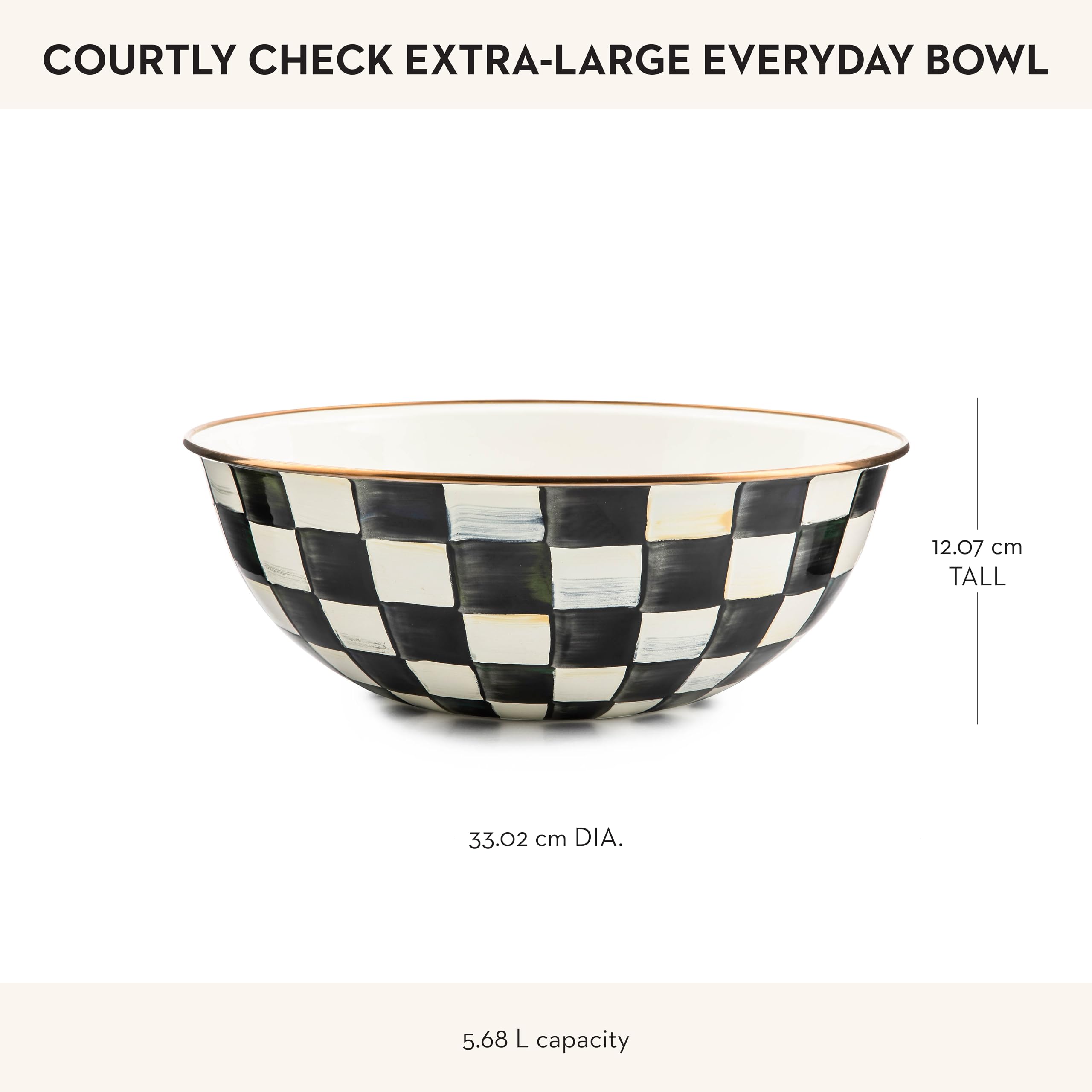 MacKenzie-Childs enamel everyday bowl bronzed rim detail adds decorative sophistication