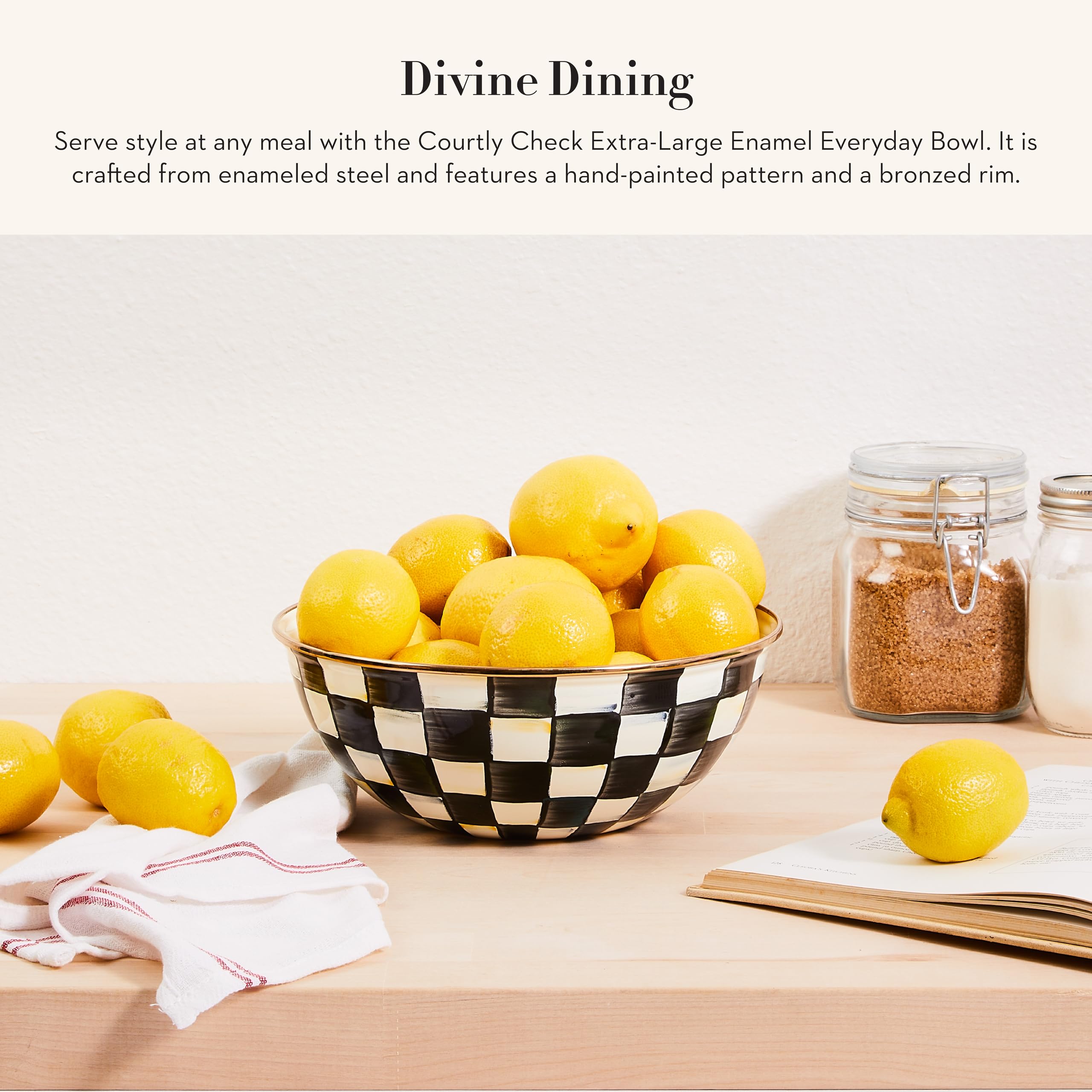 MacKenzie-Childs enamel everyday bowl side view highlighting bronzed rim for style