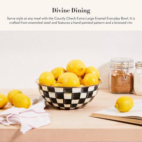 MacKenzie-Childs enamel everyday bowl side view highlighting bronzed rim for style