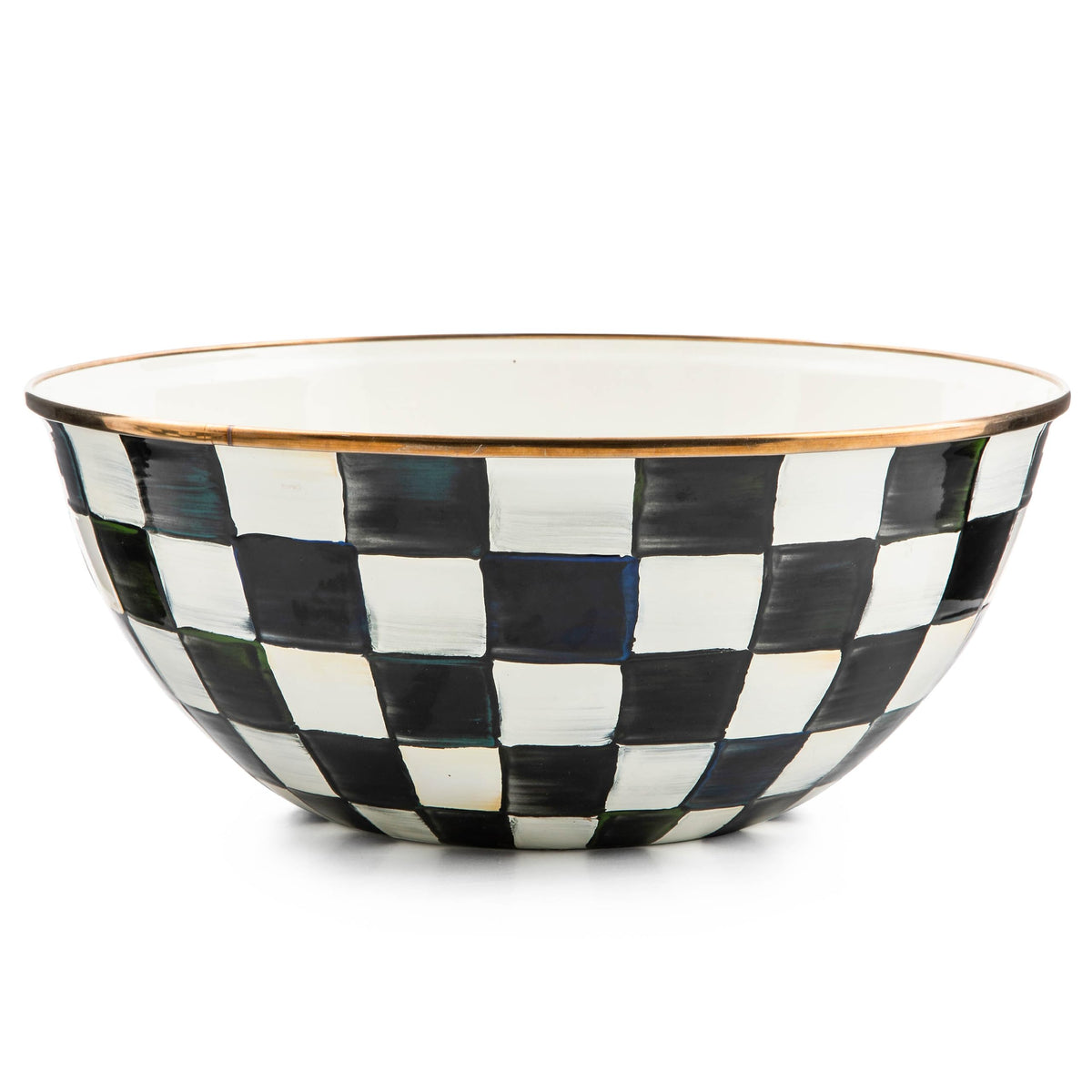 Mackenzie-Childs enamel everyday bowl on table with Courtly Check for stylish entertaining