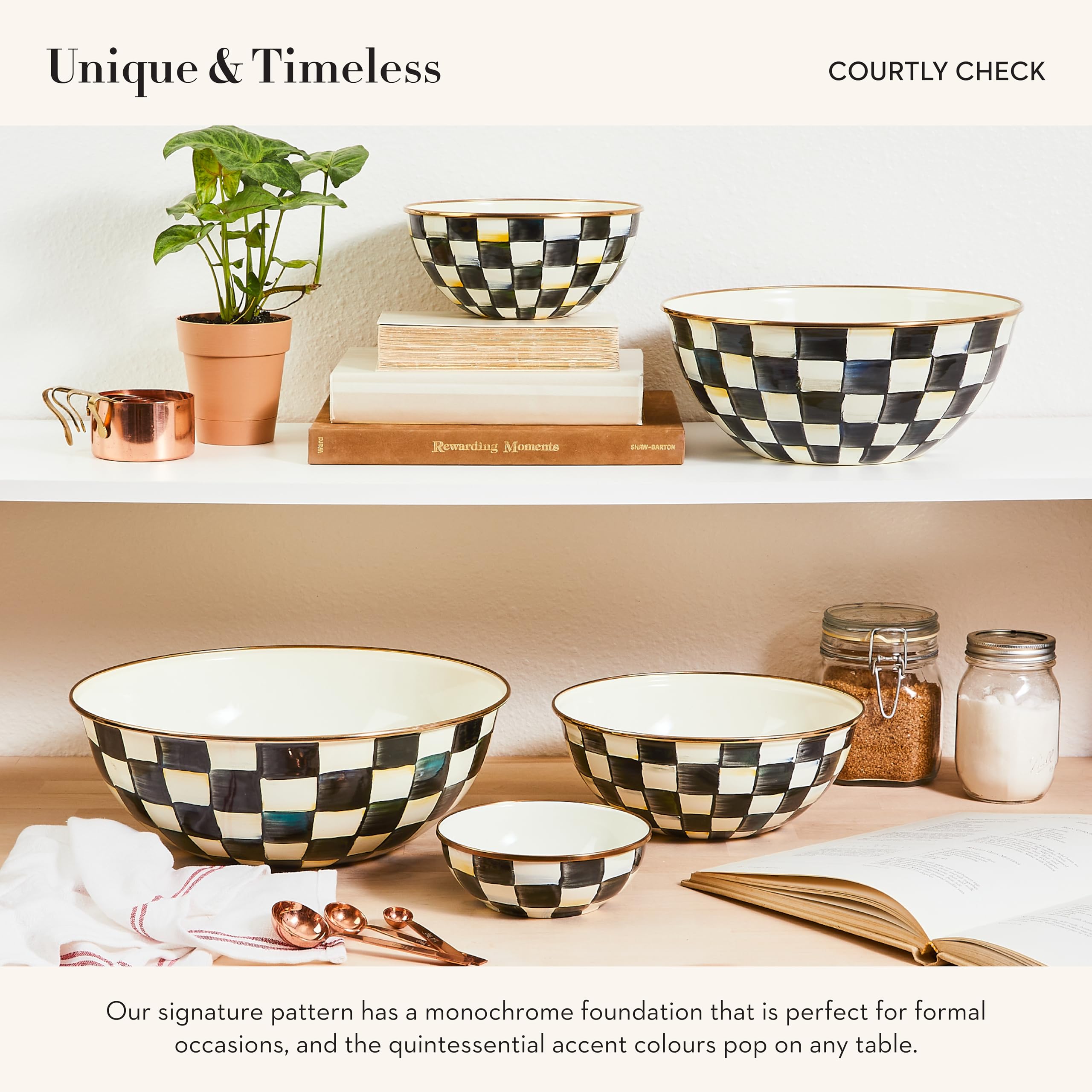 Mackenzie-Childs enamel everyday bowl shown with soup and dining ambiance