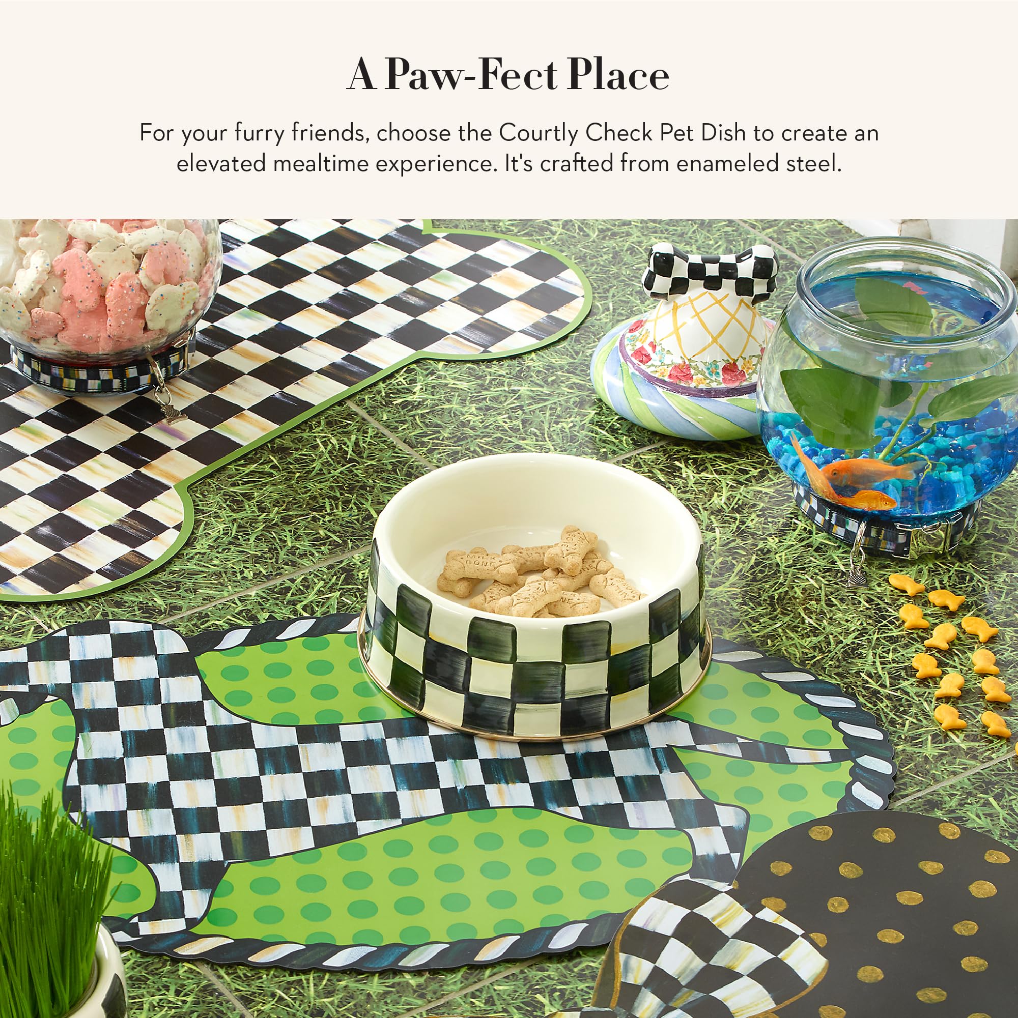 MacKenzie-Childs enamel pet dish for cats and dogs elevates mealtime style.