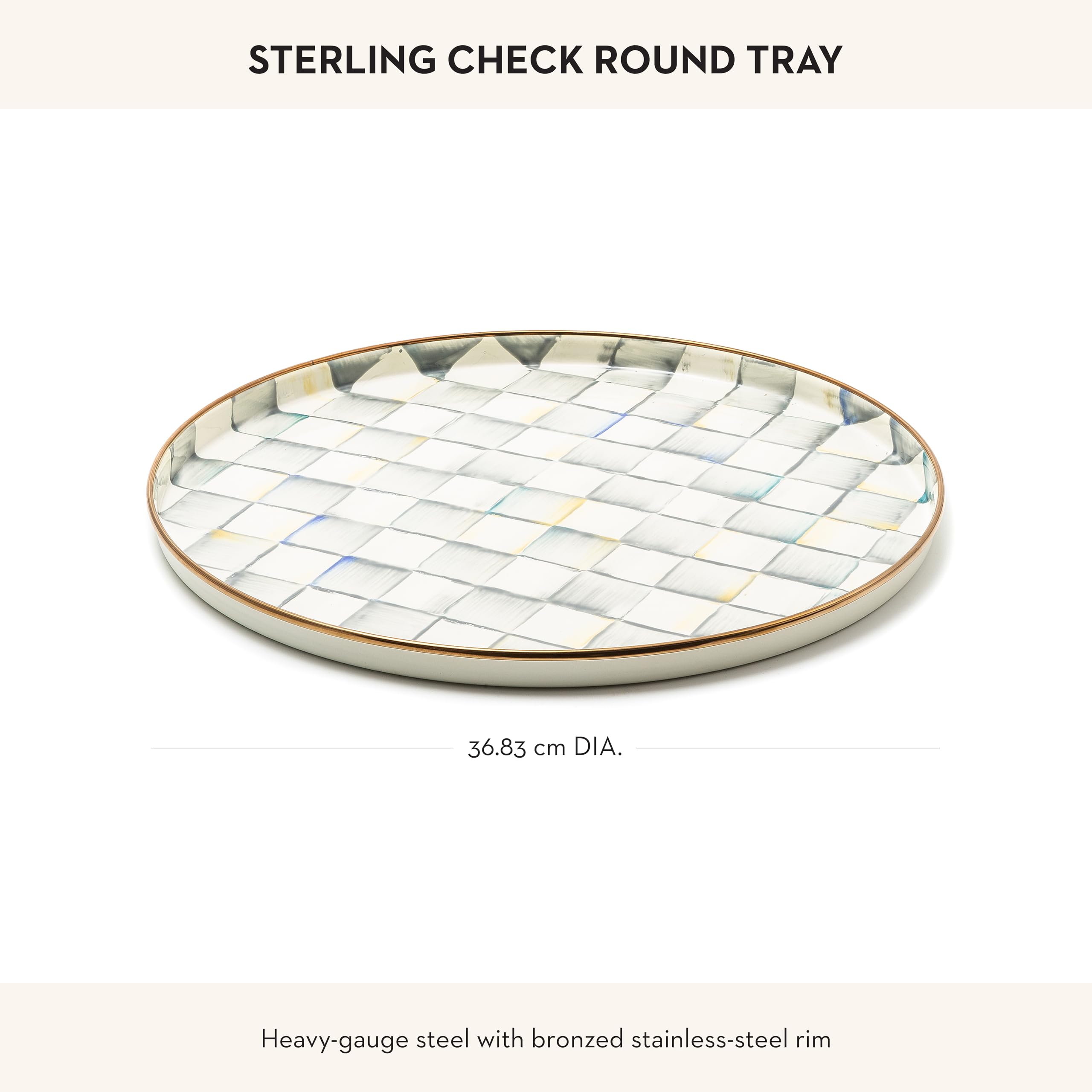 MACKENZIE-CHILDS enamel round tray enhances kitchen and table decor