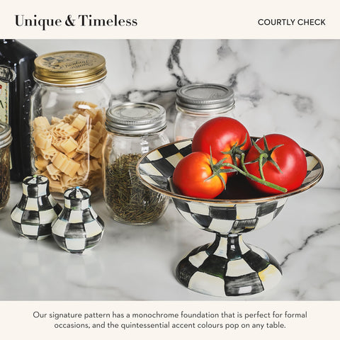 MACKENZIE-CHILDS enamel salt and pepper shakers, small size for daily use.