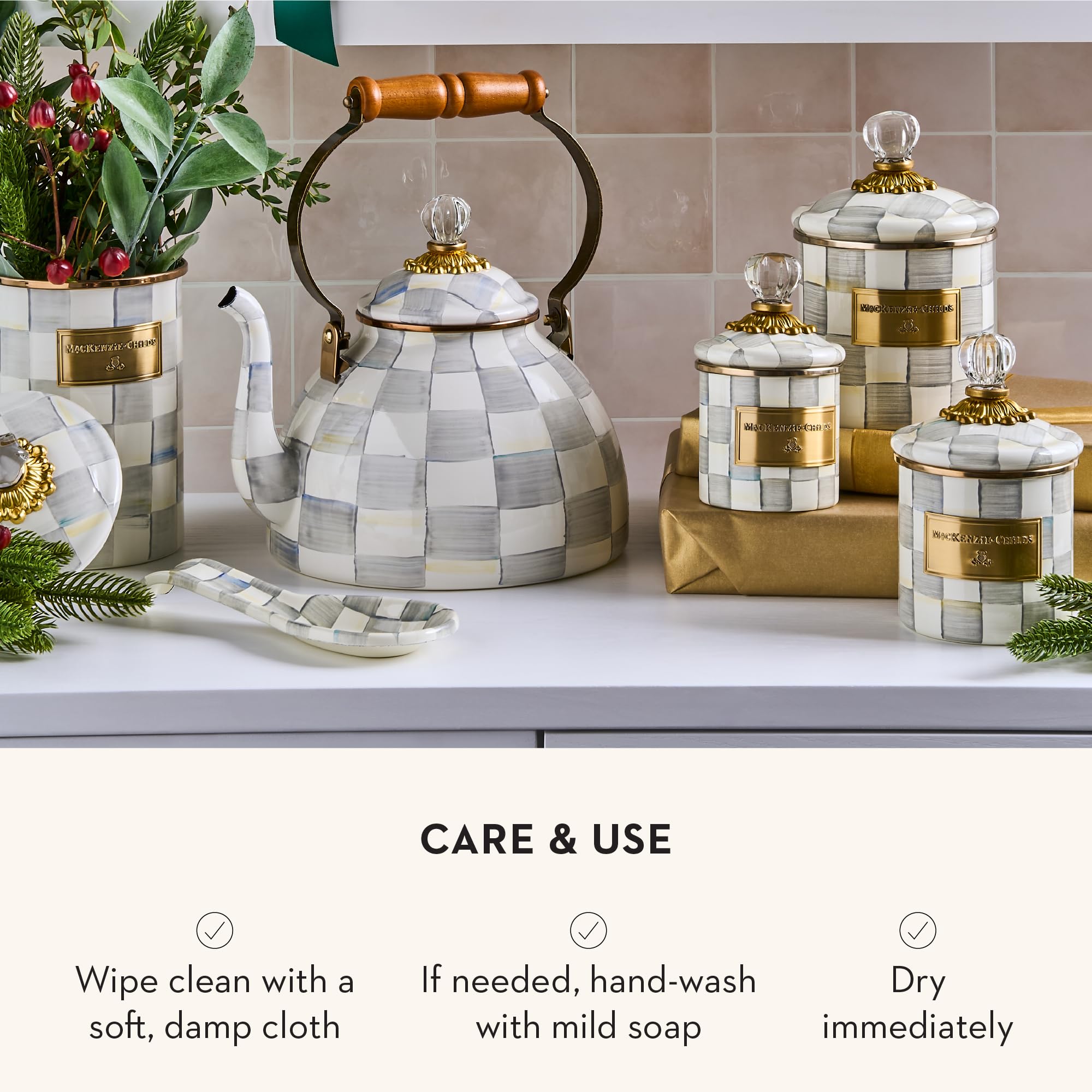 MACKENZIE-CHILDS angled view showcases durable enamel and timeless charm.