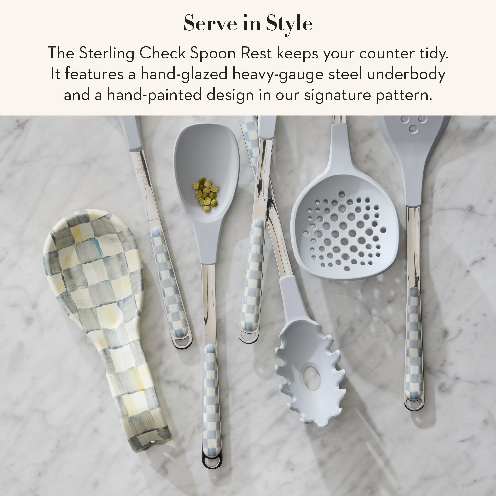 MACKENZIE-CHILDS spoon rest closeup highlighting Sterling Check motif and practicality.