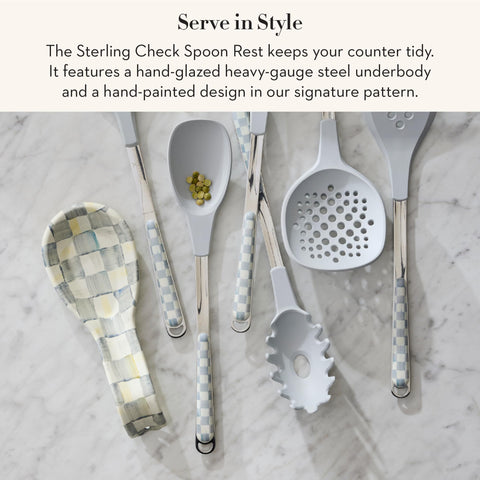MACKENZIE-CHILDS spoon rest closeup highlighting Sterling Check motif and practicality.
