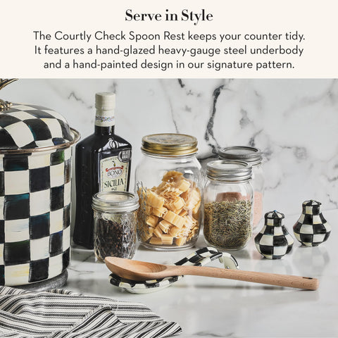 Mackenzie-Childs Courtly Check spoon rest on kitchen counter adds elegant organization.
