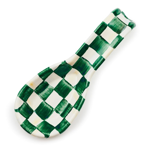 MacKenzie-Childs enamel spoon rest in emerald check keeps counters tidy and stylish.