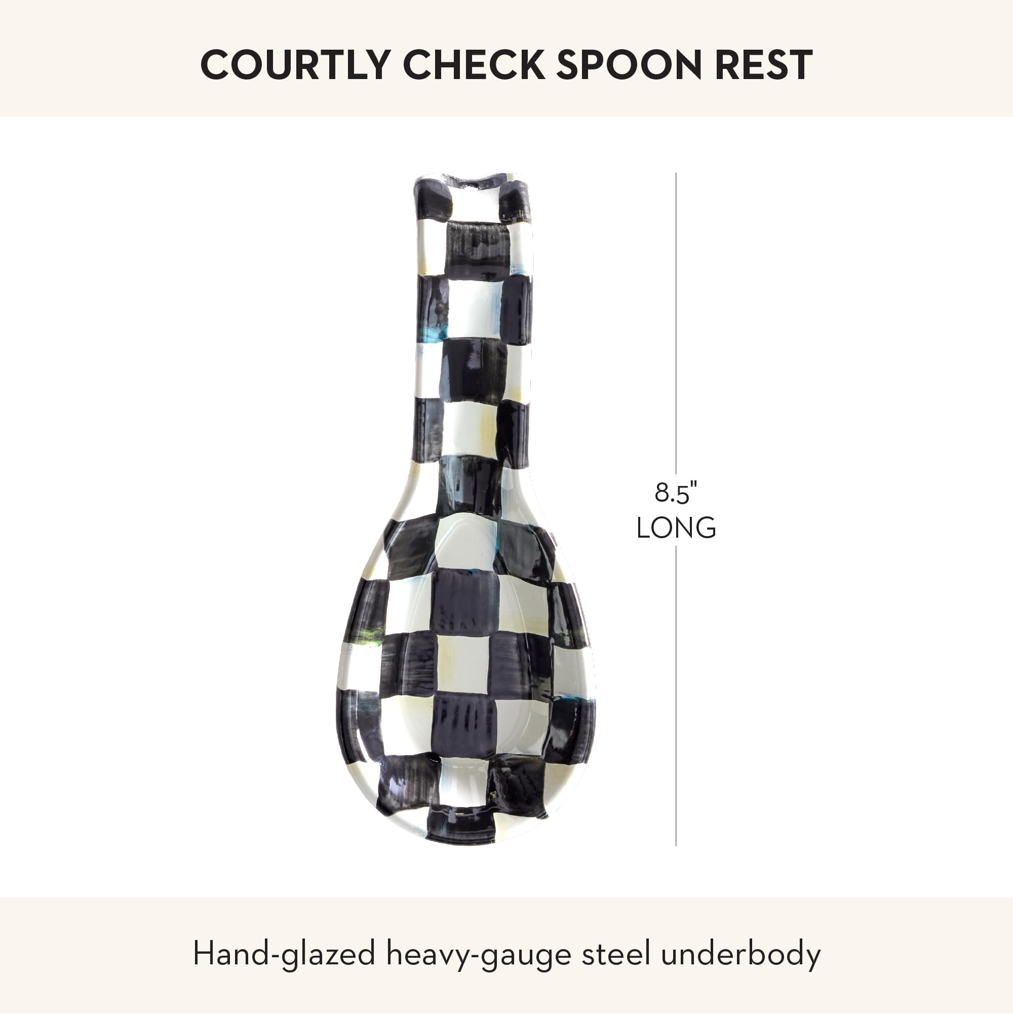 Mackenzie-Childs Courtly Check spoon rest on table enhances dining presentation.