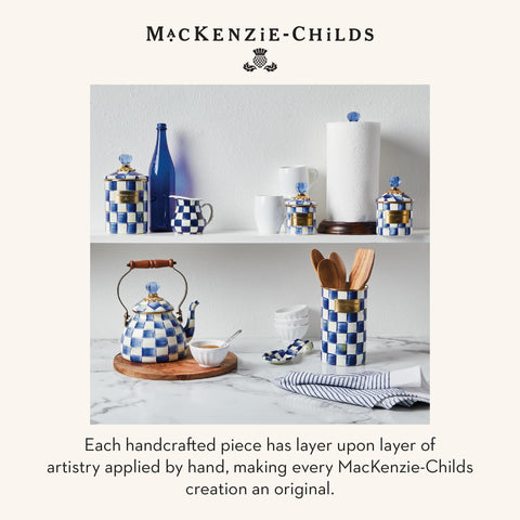 MacKenzie-Childs enamel rest keeps utensils tidy while adding timeless blue-check charm.