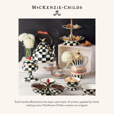 MacKenzie-Childs bronzed rim detail on enamel squashed pot