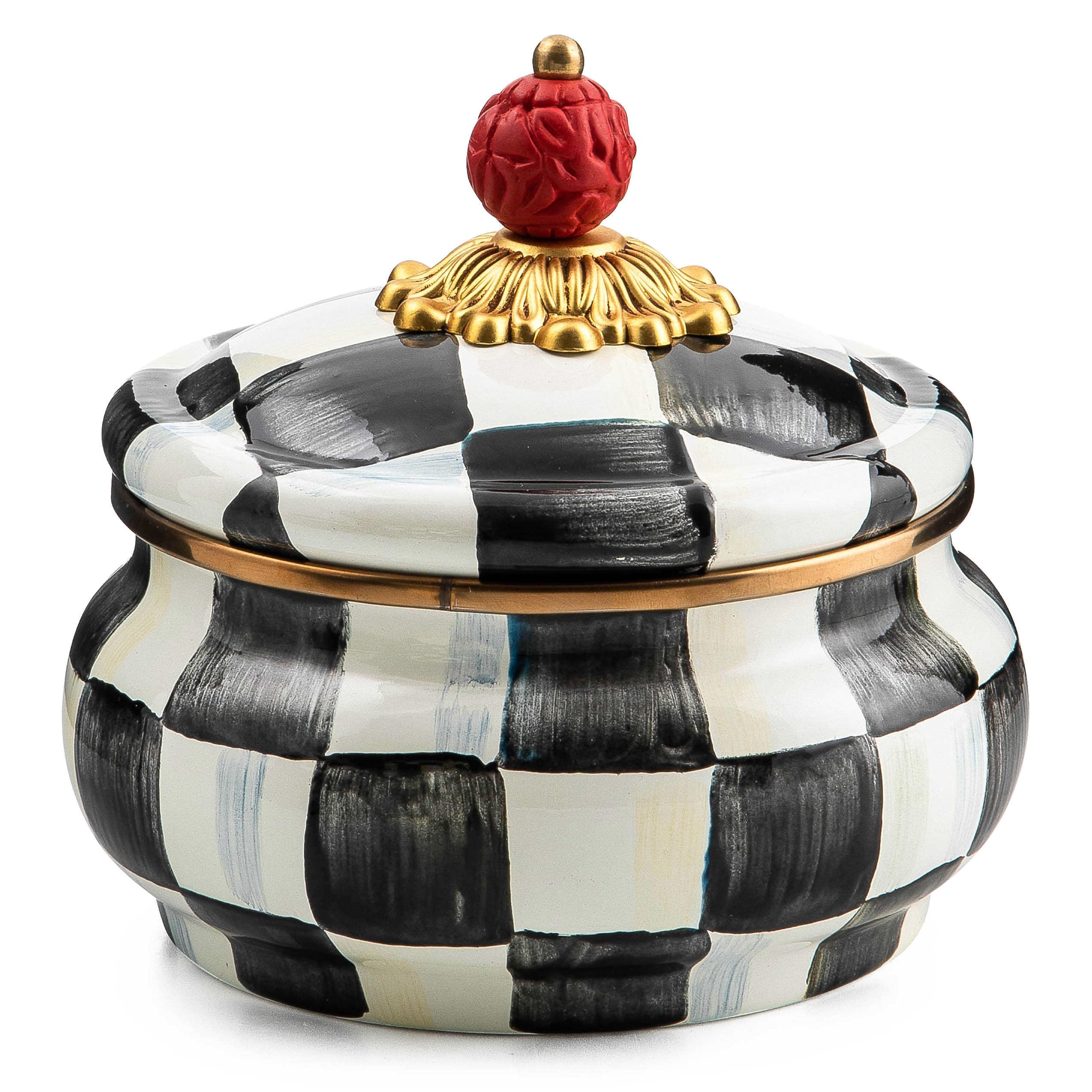 MacKenzie-Childs enamel squashed pot with Courtly Check lid for stylish kitchen storage