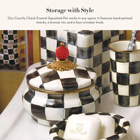 Side view of MacKenzie-Childs enamel squashed pot enhances pantry organization