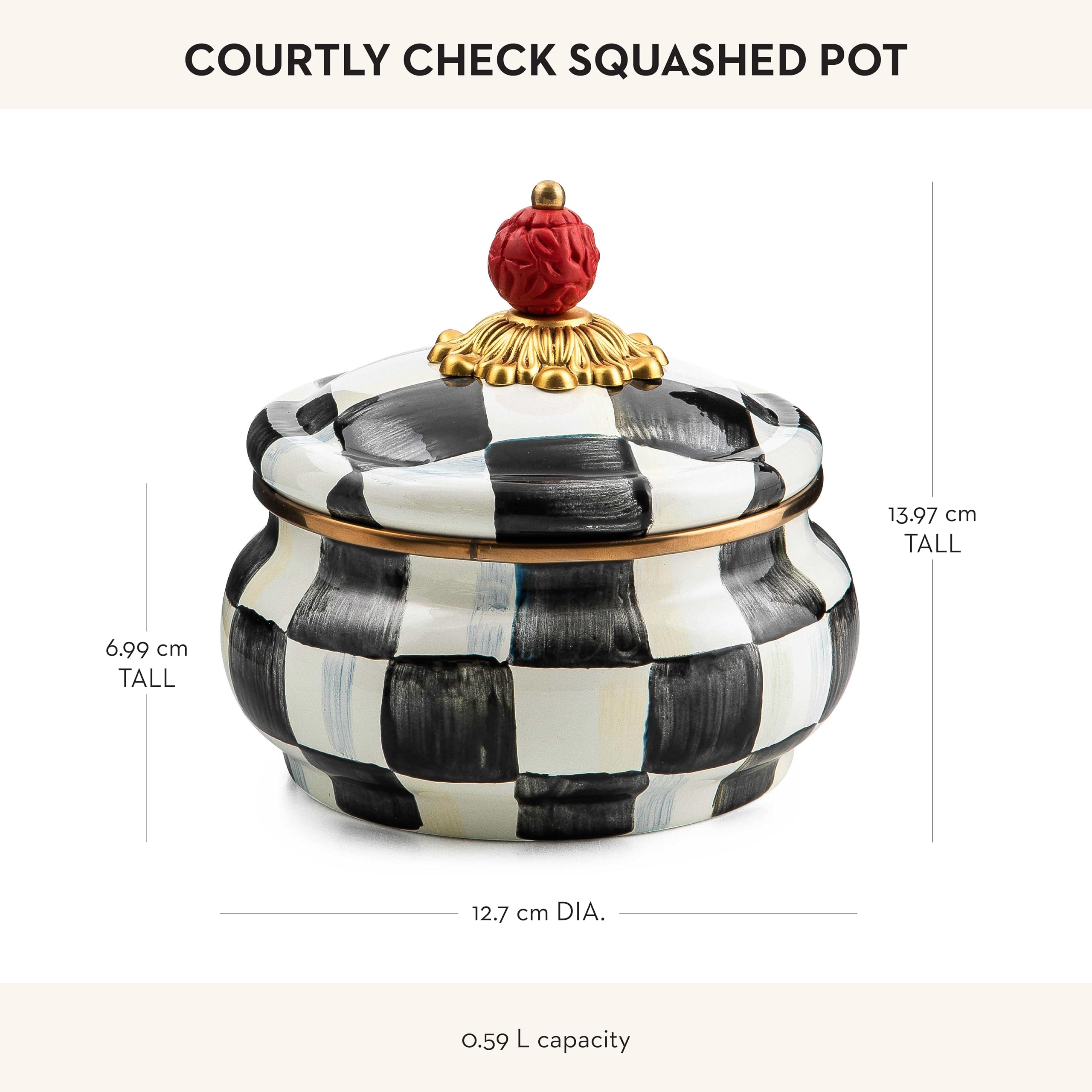 MacKenzie-Childs enamel squashed pot on kitchen counter adds decorative storage