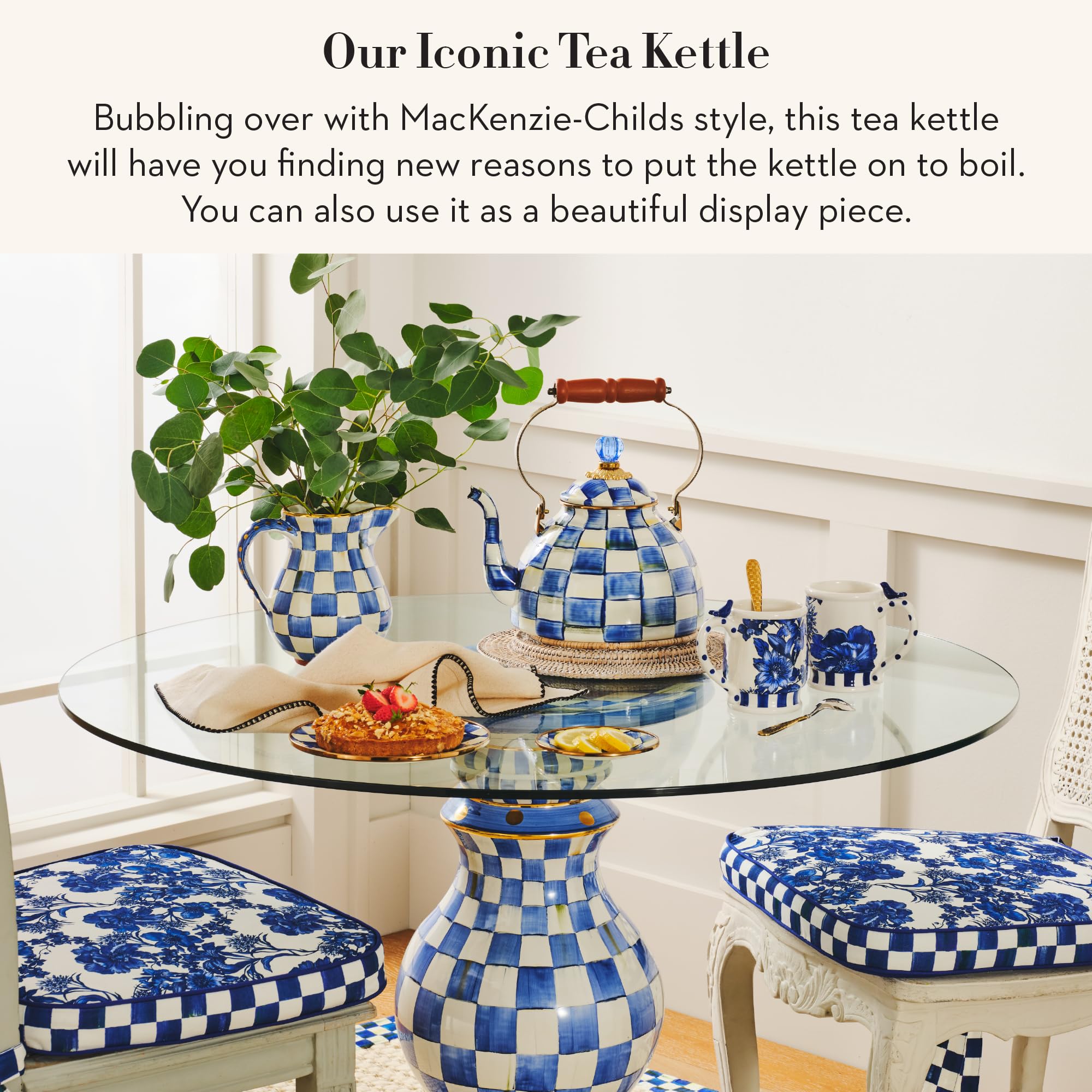 MACKENZIE-CHILDS tea kettle showing blue checker detail for playful kitchen style