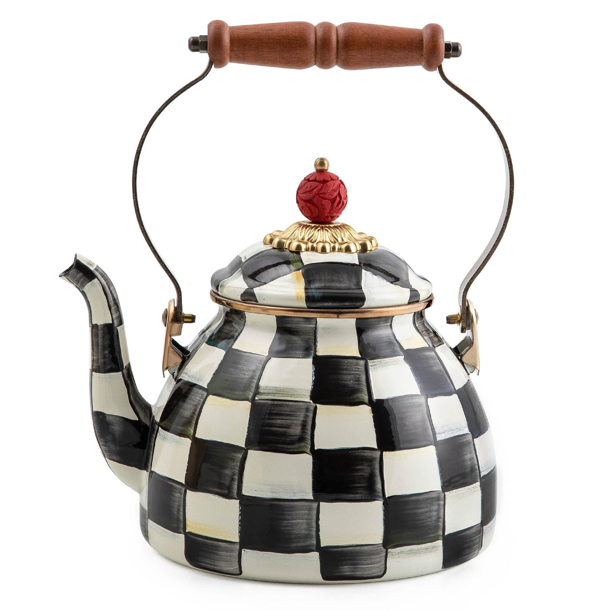 MacKenzie-Childs enamel tea kettle Courtly Check base for stylish everyday tea prep.