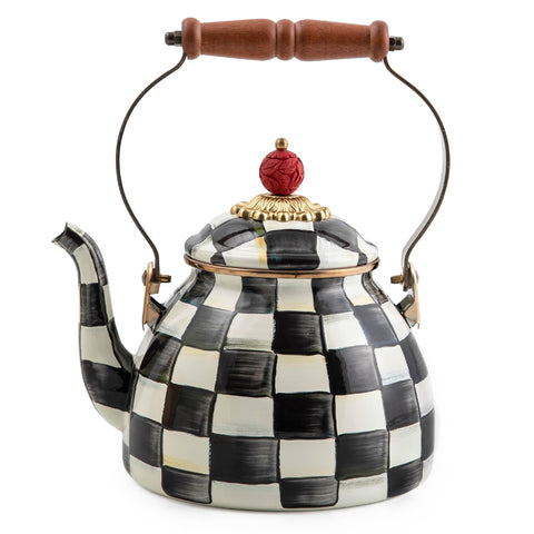 MacKenzie-Childs enamel tea kettle Courtly Check base for stylish everyday tea prep.