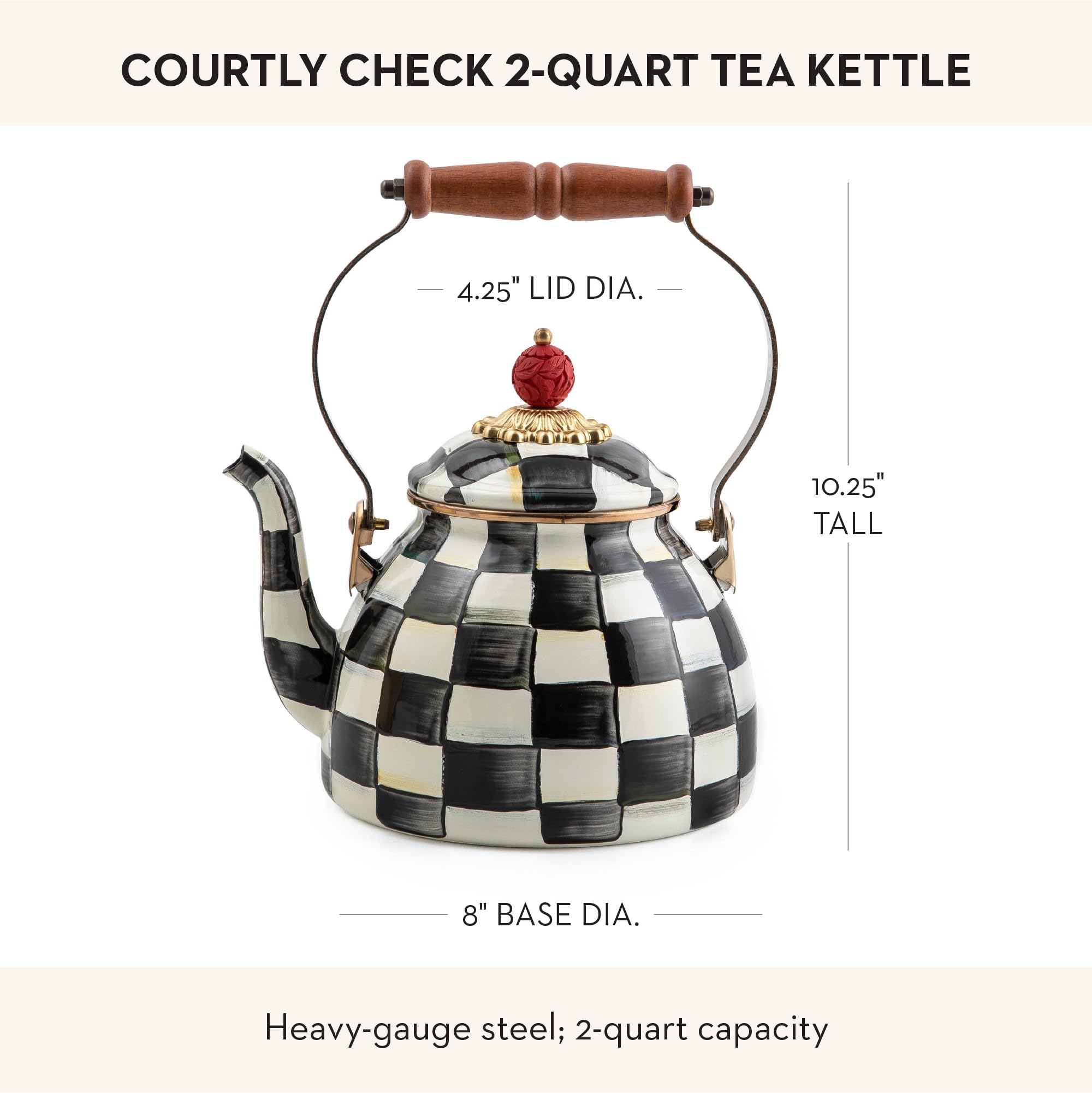 MacKenzie-Childs enamel tea kettle Courtly Check knob for precise heat control.