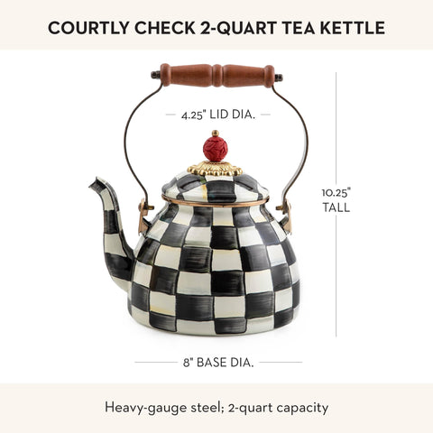 MacKenzie-Childs enamel tea kettle Courtly Check knob for precise heat control.