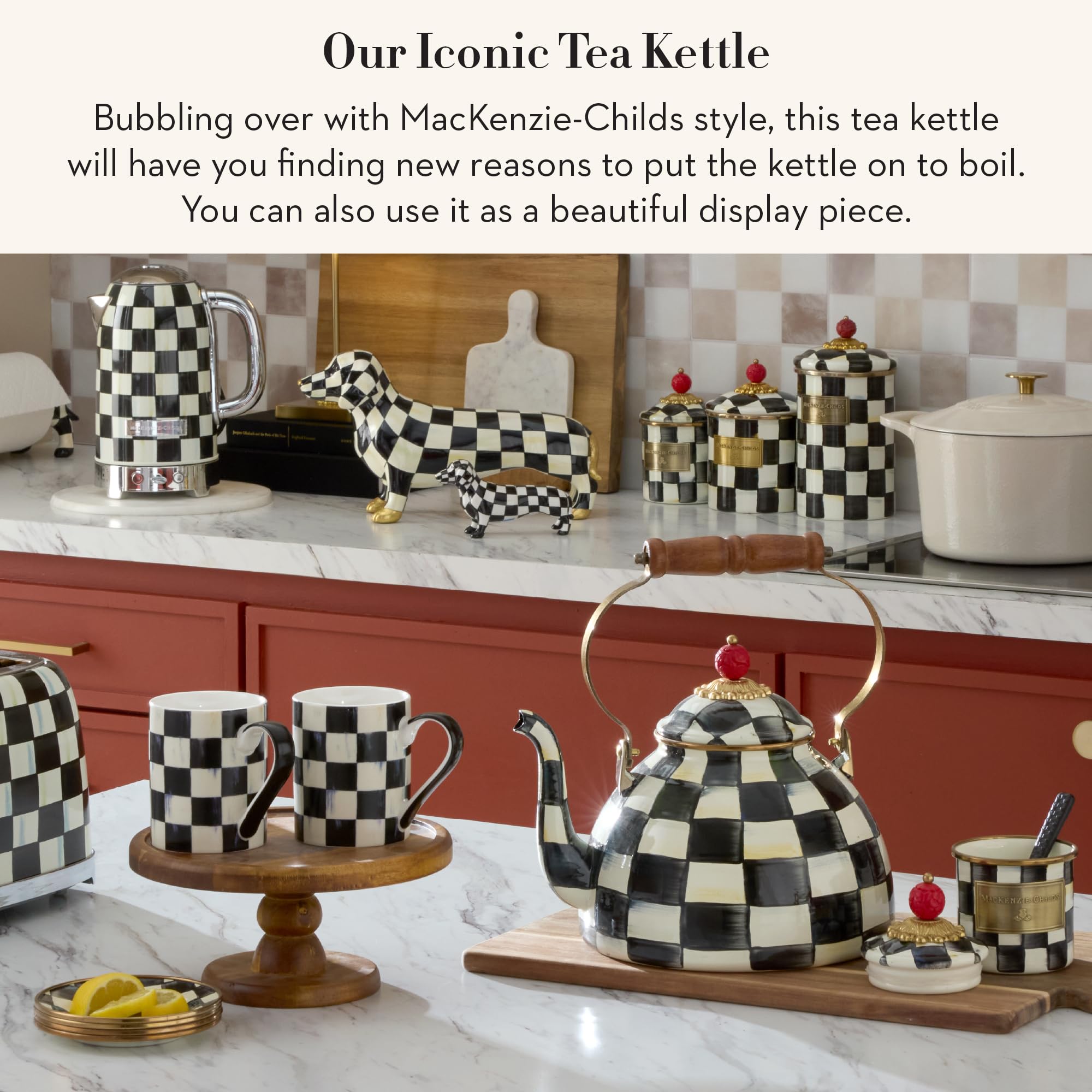 MACKENZIE-CHILDS enamel tea kettle lid with vivid Courtly Check, decorative centerpiece.