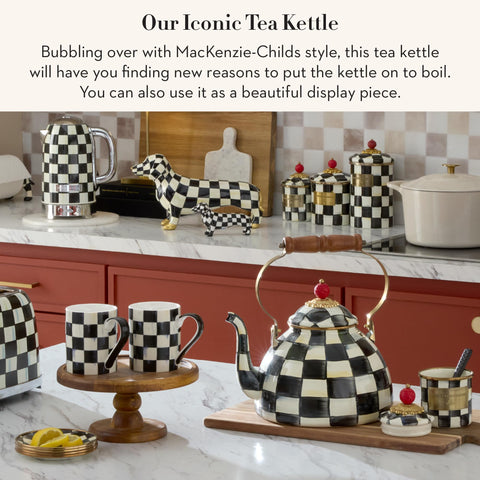 MACKENZIE-CHILDS enamel tea kettle lid with vivid Courtly Check, decorative centerpiece.