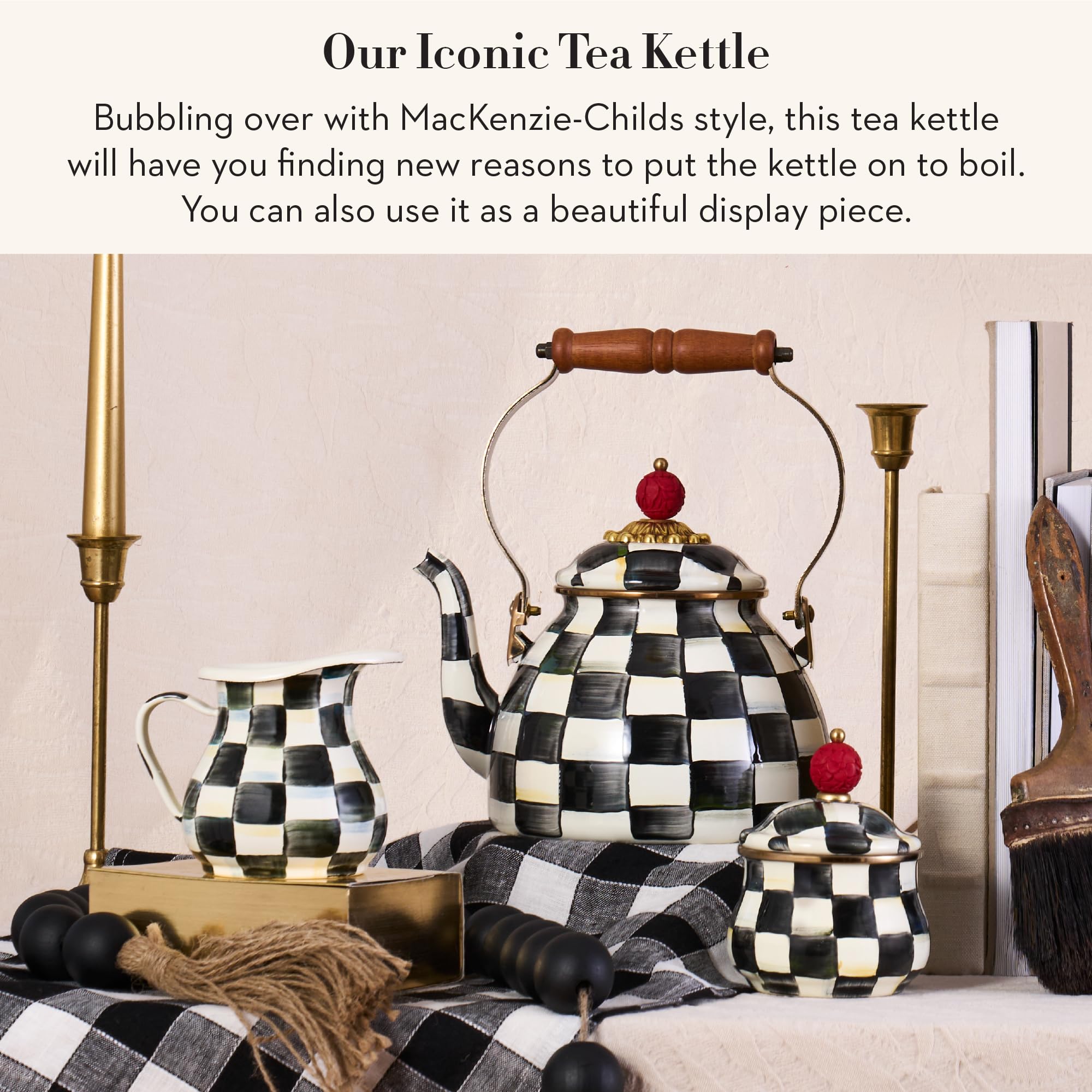 MacKenzie-Childs enamel tea kettle Courtly Check spout enhances elegant stovetop pouring.
