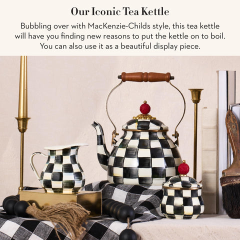 MacKenzie-Childs enamel tea kettle Courtly Check spout enhances elegant stovetop pouring.