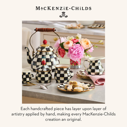 MacKenzie-Childs enamel tea kettle Courtly Check on stovetop ready for tea.