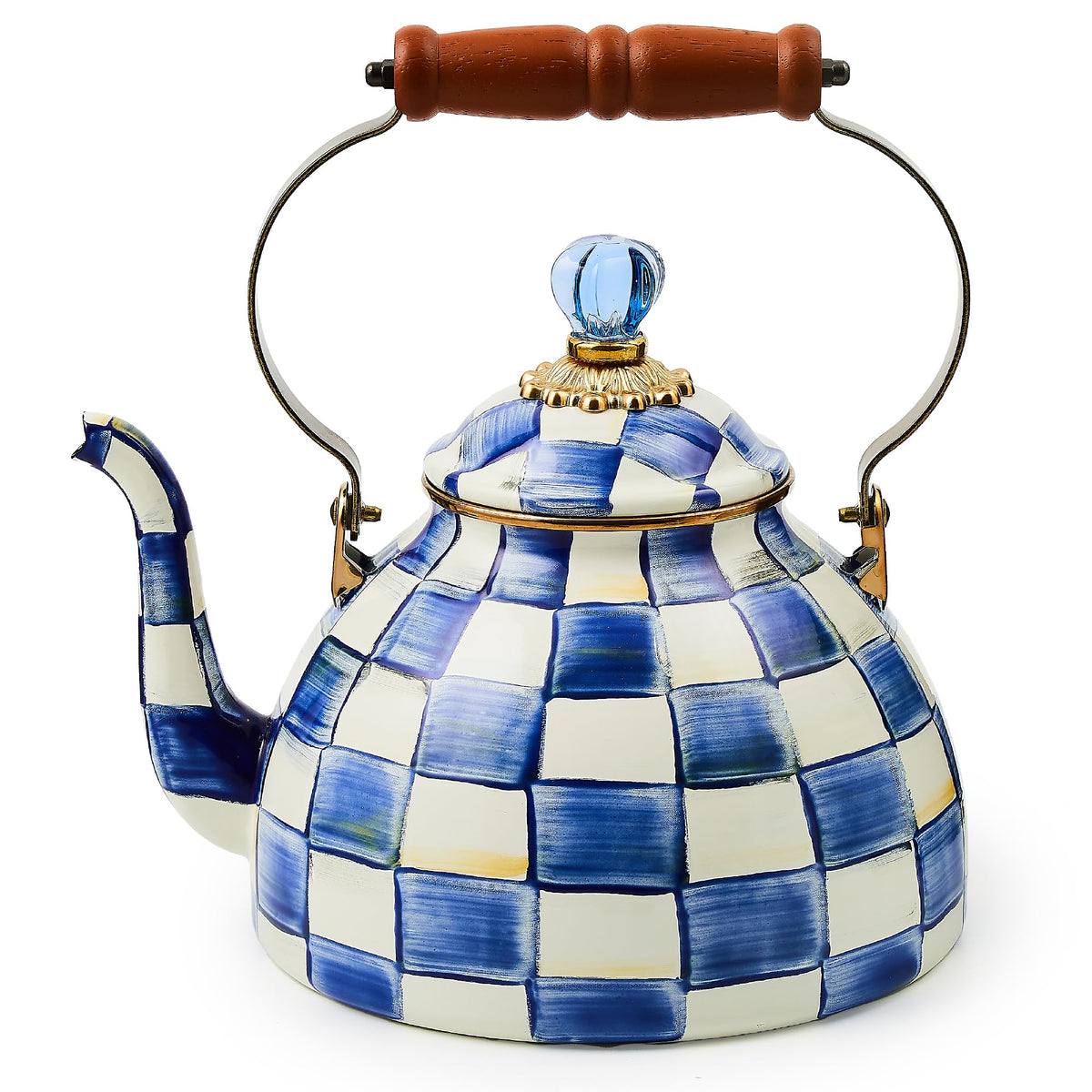 MACKENZIE-CHILDS enamel tea kettle on stovetop with whimsical design and 3-quart capacity